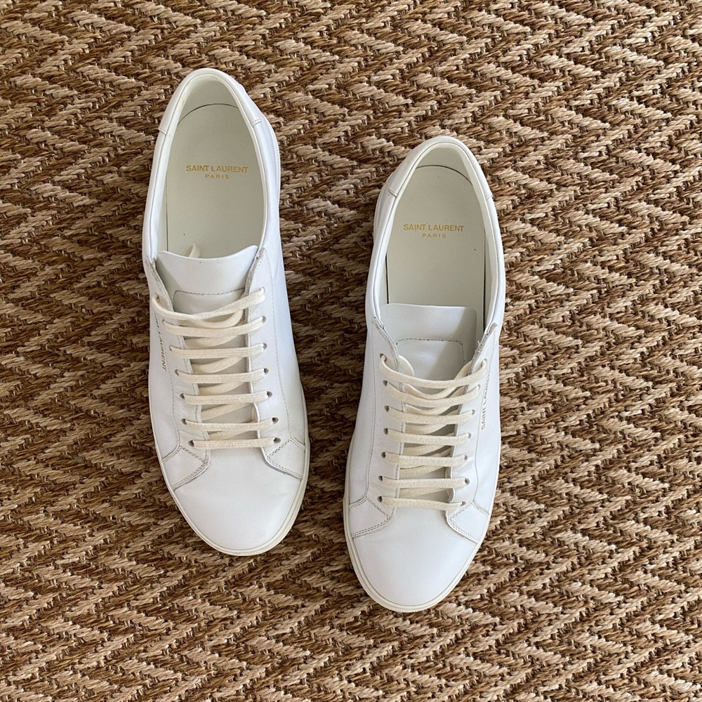 Saint Laurent white leather lace up men’s sneaker. Size 12